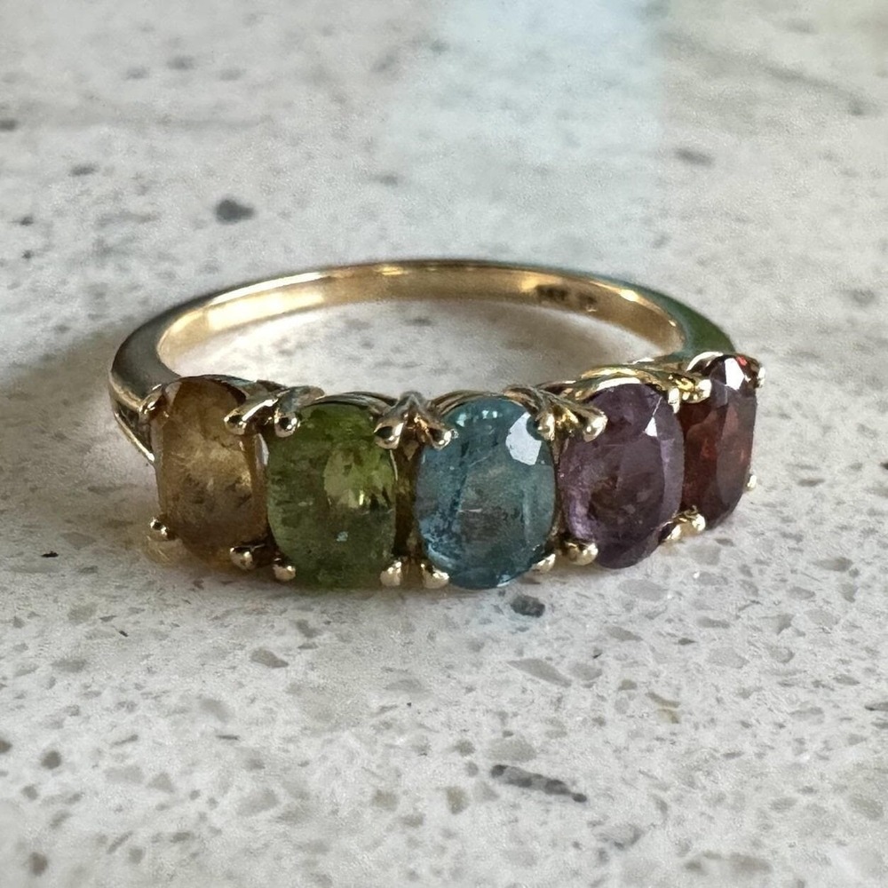 14K Yellow Gold 5 Stone Multi Gemstone Ring Size 9 Citrine Topaz Amethyst Garnet